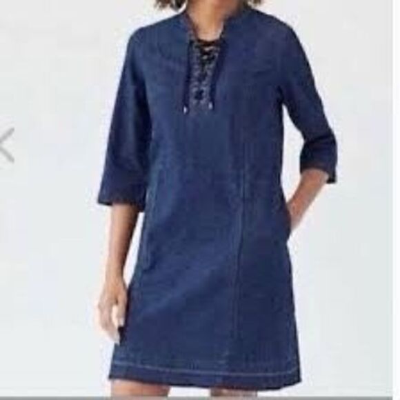 J. Jill Denim Lace Up Dress Sz L Stretch Raw Hem Pockets - Picture 1 of 9